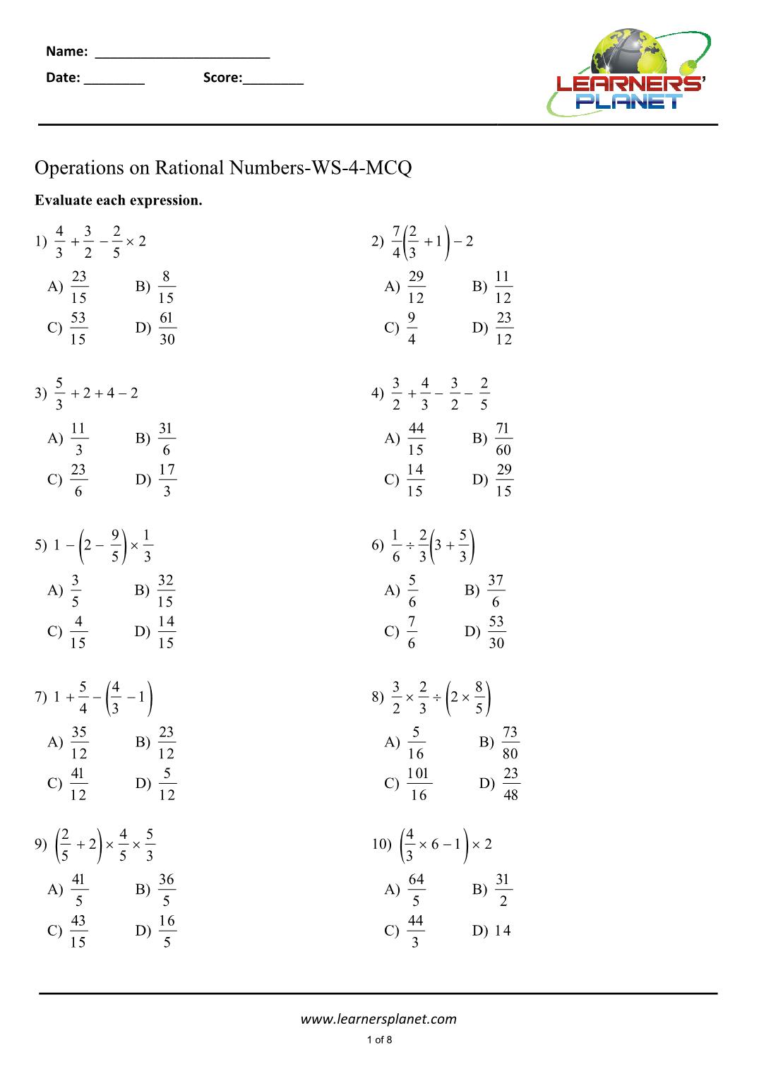 Operating With Rational Numbers Worksheet